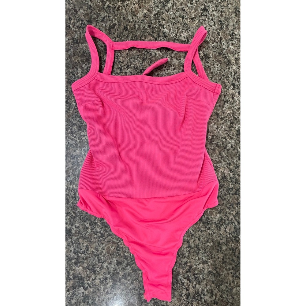 Lulus Hot Pink Ribbed Sleeveless Bodysuit Square Neck Tie Back Womens Large
